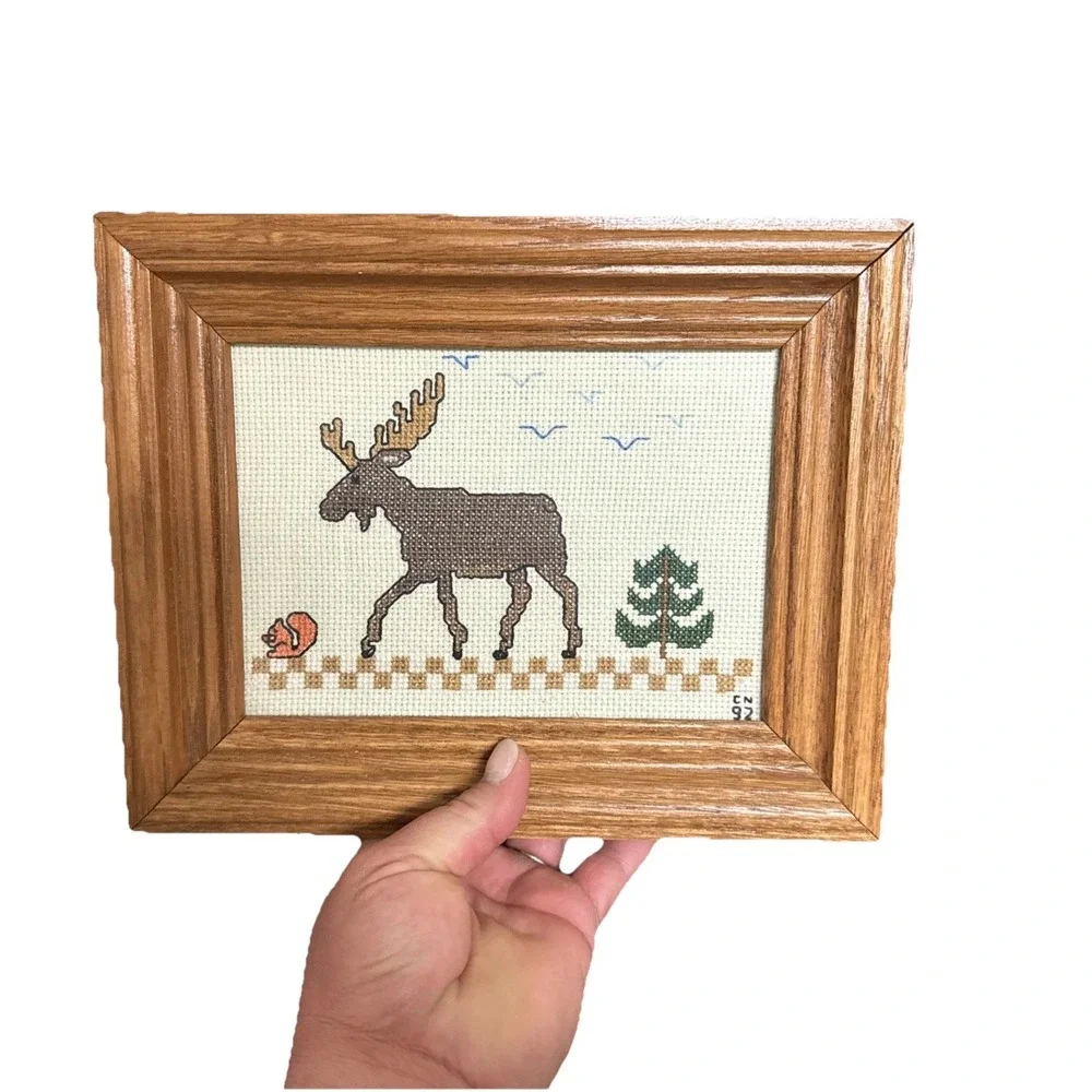 Vintage Completed Framed Moose & Squirrel Cross Stitch Picture 9.5